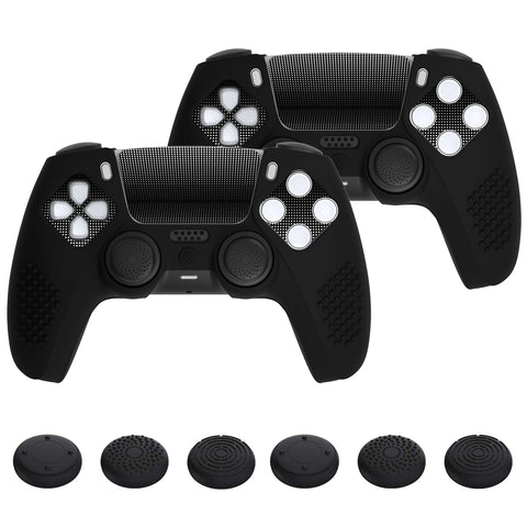 PlayVital 2 Set Upgraded 3D Studded Edition Black Silicone Cover Skin for PS5 Controller with 6 Thumb Grips & 2 Stickers, Anti-Slip Shockproof Controller Grip Case - Compatible with Charging Dock - TVAPFP007