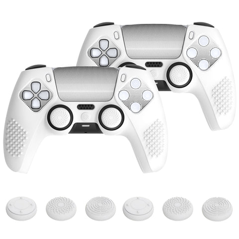 PlayVital 2 Set Upgraded 3D Studded Edition White Silicone Cover Skin for PS5 Controller with 6 Thumb Grips & 2 Stickers, Anti-Slip Shockproof Controller Grip Case - Compatible with Charging Dock - TVAPFP008