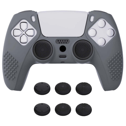 PlayVital Gray 3D Studded Edition Anti-slip Silicone Cover Skin for 5 Controller, Soft Rubber Case Protector for PS5 Wireless Controller with 6 Black Thumb Grip Caps - TDPF006