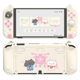 PlayVital Cherry Blossoms Kitten Dockable Hard Shell Protective Case for Nintendo Switch OLED, Silicone Grips for Switch OLED with Thumb Grips, Shockproof - Antique Yellow - FQLSOP002