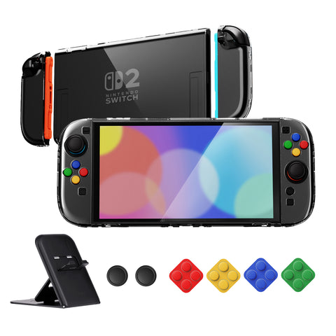 PlayVital Clear Series Protective Case for Nintendo Switch 2, Anti-Scratches Hard Shell Dockable Grip Cover with Extra Foldable Stand & Thumb Grips for Nintendo Switch 2 - Transparent - EXVNTM001