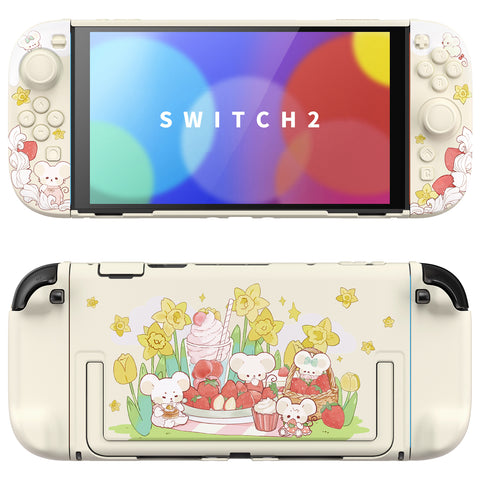 PlayVital Kawaii Dockable Hard Protective Case for Nintendo Switch 2 Anti-scratch, Shockproof Cover Skin for Switch 2 with Thumb Grip & Sticker & Button Caps - Creamy Mousie Picnic - MURNTV004