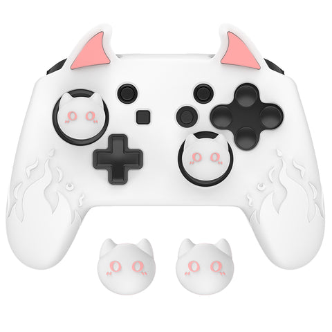 PlayVital Cute Demon Silicone Grip Cover for Nintendo Switch Pro Controller, Anti-Slip Protective Skin with Joystick Caps and Stickers Compatible with Nintendo Switch Pro - White - AMDNPP003