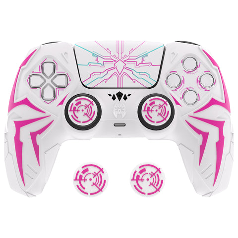 PlayVital Cyber Spider Design for ps5 Controller Silicone Case with 2 Thumb Grips and 6 Sticker, Slip-resistant Shockproof Controller Cover Skin, Fits for Charging Dock - White & Pink - KBBPFP002