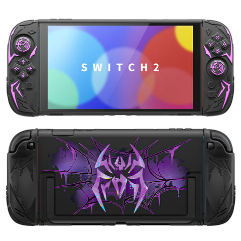 PlayVital Cyber Spider Protective Case for Nintendo Switch 2, Ergonomic Anti-slip Silicone Grip Covers, Dockable Hard Case Shell for Switch 2 with Joystick Cap, Shockproof Skin - Black - SYDNTP001