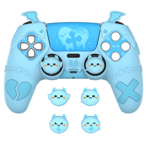 PlayVital Gothic Imp Series Cute Silicone Case for ps5 Controller with 4 Thumb Grips and 6 Stickers, Anti-Slip Silicone Skin Cover, Compatible with ps5 Charging Station - Aqua Blue - GTKPFP003