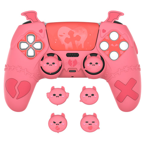 PlayVital Gothic Imp Series Cute Silicone Case for ps5 Controller with 4 Thumb Grips and 6 Stickers, Anti-Slip Silicone Skin Cover, Compatible with ps5 Charging Station - Peach Pink - GTKPFP004