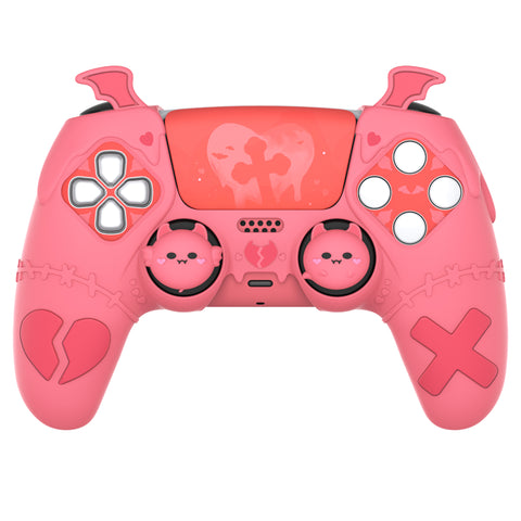 PlayVital Gothic Imp Series Cute Silicone Case for ps5 Controller with 4 Thumb Grips and 6 Stickers, Anti-Slip Silicone Skin Cover, Compatible with ps5 Charging Station - Peach Pink - GTKPFP004