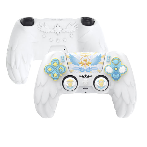 PlayVital Magic Wings Protective Silicone Cover Skin for PS5 Controller – Soft Anti-Slip Grip Protector Case for PS5 Controller with Thumbstick Caps & Themed Stickers, Charging Station Compatible - White - YLEPFP002
