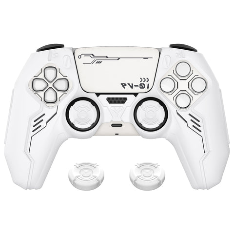 PlayVital Mecha Edition Silicone Cover Compatible with ps5 Controller with 2 Joystick Caps and 6 Stickers, Shockproof Non-Slip Grip Protector Accessories, Fits for ps5 Charging Station - White - KKBPFP002