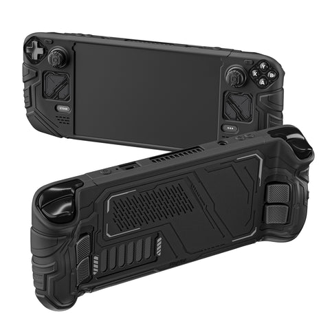 PlayVital Mecha Protective Case for Steam Deck – Anti-Slip Silicone Grip Cover for Steam Deck OLED & LCD, Shockproof Shell with Back Button Enhancement Set & Thumb Grips & Stickers - Black - JAGSDP001