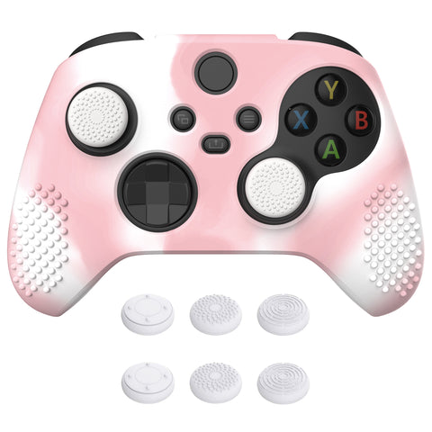 PlayVital Pink & White 3D Studded Edition Anti-slip Silicone Cover Skin for Xbox Series X Controller, Soft Rubber Case Protector for Xbox Series S Controller with 6 Black Thumb Grip Caps - SDX3025