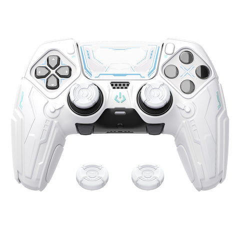 PlayVital Stellar Mecha Silicone Cover Skin for ps5 Edge Controller, Anti-slip Grip Protector for ps5 Edge Controller with Joystick Cap & Sticker - White & Frost Gray - JYEEGP002