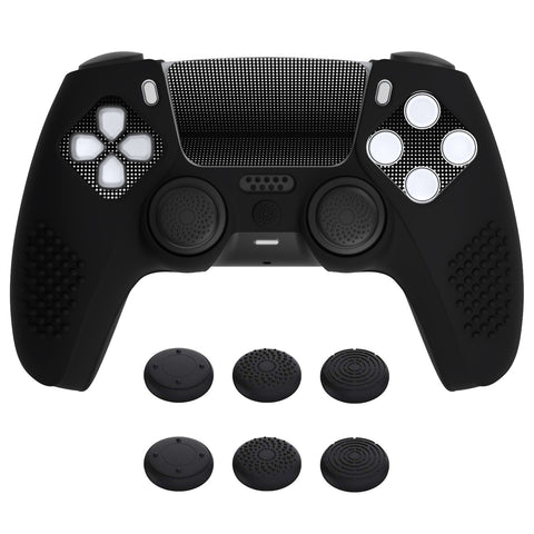 PlayVital Upgraded 3D Studded Edition Black Silicone Cover Skin for PS5 Controller with 6 Thumb Grips & 2 Stickers, Anti-Slip Shockproof Controller Grip Case - Compatible with Charging Dock - TVAPFP001