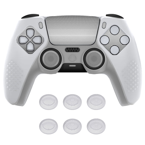 PlayVital Upgraded 3D Studded Edition Clear White Silicone Cover Skin for PS5 Controller with 6 Thumb Grips & 2 Stickers, Anti-Slip Shockproof Controller Grip Case - Compatible with Charging Dock - TVAPFP003