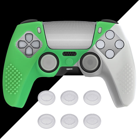 PlayVital Upgraded 3D Studded Edition Glow in Dark - Green Silicone Cover Skin for PS5 Controller with 6 Thumb Grips & 2 Stickers, Anti-Slip Shockproof Controller Grip Case - Compatible with Charging Dock - TVAPFP006