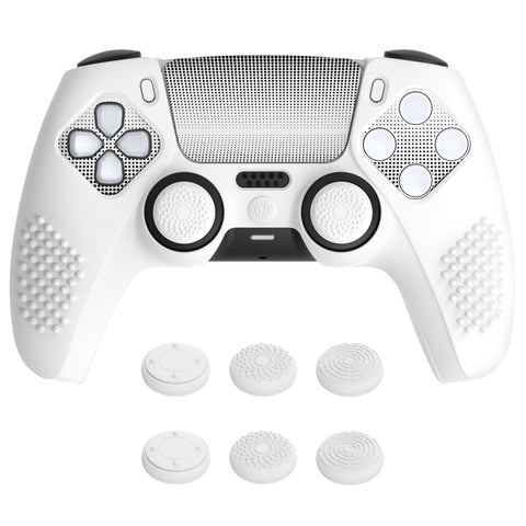 PlayVital Upgraded 3D Studded Edition White Silicone Cover Skin for PS5 Controller with 6 Thumb Grips & 2 Stickers, Anti-Slip Shockproof Controller Grip Case - Compatible with Charging Dock - TVAPFP002