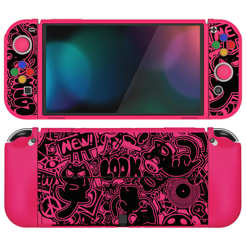 PlayVital ZealProtect Soft Protective Case for Switch OLED, Flexible Protector Joycon Grip Cover for Switch OLED with Thumb Grip Caps & ABXY Direction Button Caps - VV & Bright Pink - XSOYV6055