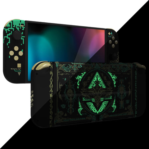 eXtremeRate Glow in Dark - Totem of Kingdom Black Full Set Shell for Nintendo Switch OLED, Replacement Console Back Plate & Kickstand, NS Joycon Handheld Controller Housing with Full Set Buttons for Nintendo Switch OLED - QNSOT004