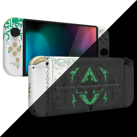 eXtremeRate Glow in Dark - Totem of Kingdom White Full Set Shell for Nintendo Switch OLED, Replacement Console Back Plate & Kickstand, NS Joycon Handheld Controller Housing with Full Set Buttons for Nintendo Switch OLED - QNSOT005