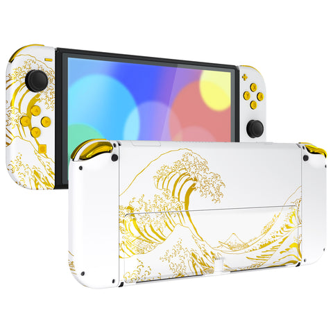 eXtremeRate The Great GOLDEN Wave Off Kanagawa - White Full Set Shell for Nintendo Switch OLED, Replacement Console Back Plate & Kickstand, NS Joycon Handheld Controller Housing with Full Set Buttons for Nintendo Switch OLED - QNSOT003