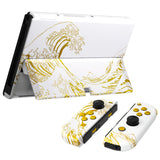 eXtremeRate The Great GOLDEN Wave Off Kanagawa - White Full Set Shell for Nintendo Switch OLED, Replacement Console Back Plate & Kickstand, NS Joycon Handheld Controller Housing with Full Set Buttons for Nintendo Switch OLED - QNSOT003