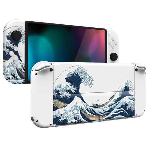 eXtremeRate The Great Wave Off Kanagawa Full Set Shell for Nintendo Switch OLED, Replacement Console Back Plate & Kickstand, NS Joycon Handheld Controller Housing with Full Set Buttons for Nintendo Switch OLED - QNSOT006