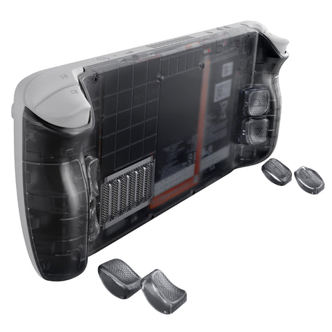 eXtremeRate Interchangeable Back Buttons Bottom Shell for Steam Deck LCD & OLED - with 2 Height Adjustable Buttons - Clear Slate Black - GVSSDM004