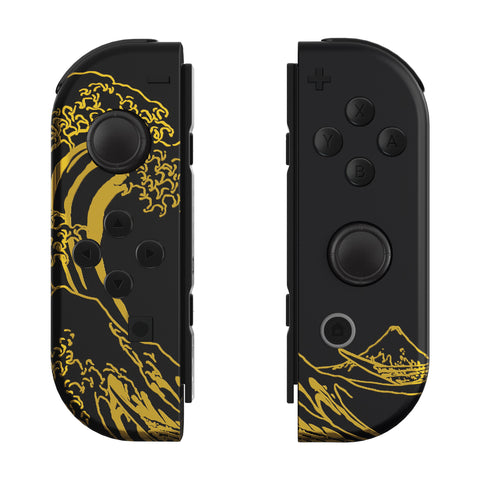 eXtremeRate The Great GOLDEN Wave Off Kanagawa - Black Effect Joycon Handheld Controller Housing with Buttons, DIY Replacement Shell Case for NS Switch JoyCon & OLED JoyCon – Joycon and Console NOT Included - CT119