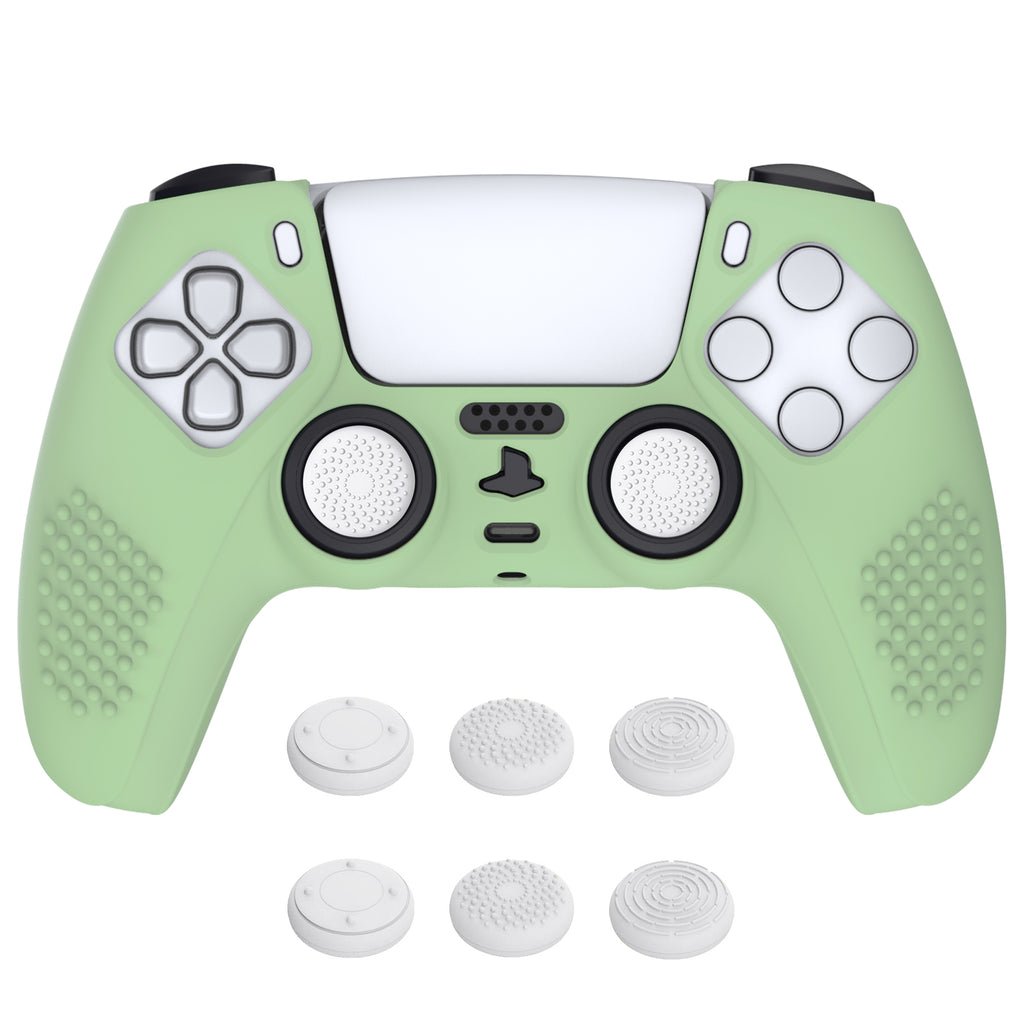 PlayVital 3D Studded Matcha Green Ergonomic Soft Controller Silicone Case  Grips for PS5, Rubber Protector Skins with 6 Clear White Thumbstick Caps  for